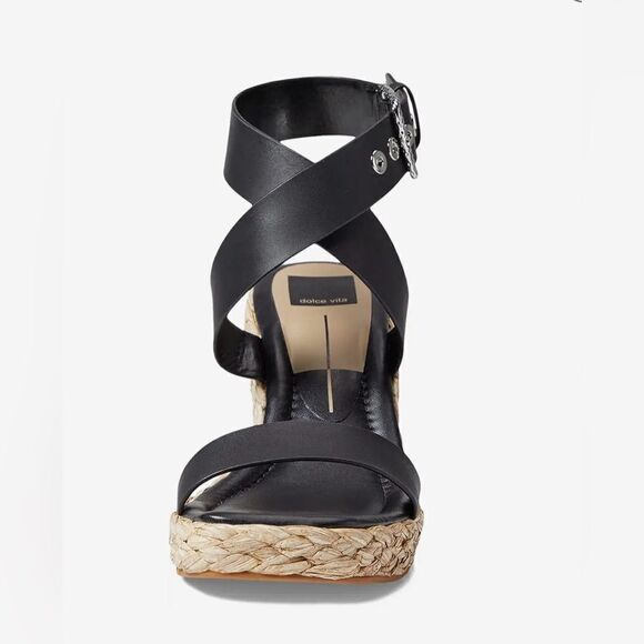 NIB Dolce Vita Women’s Aldona Black Leather Espadrille Wedge Buckle Strap - 7.5 - Picture 2 of 10